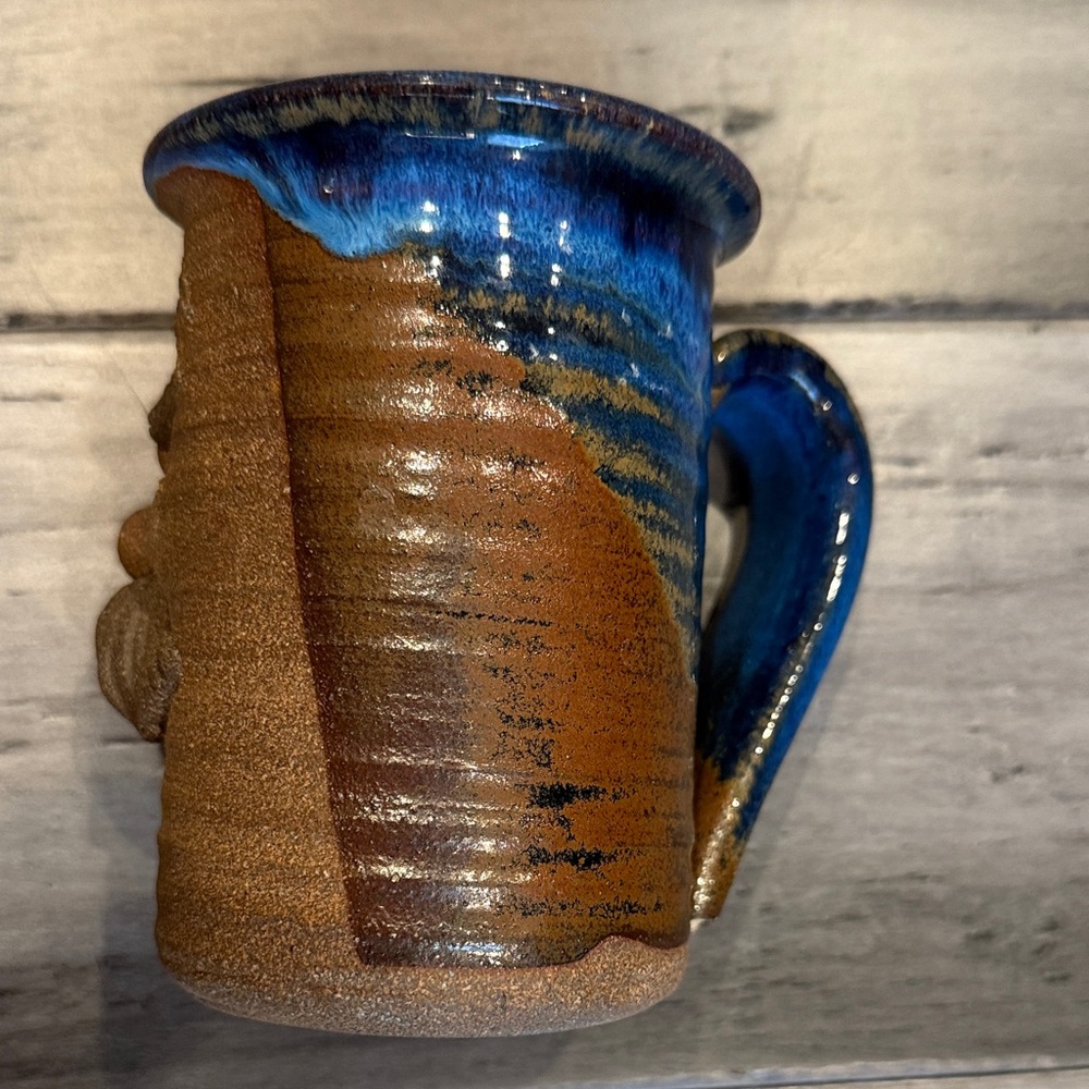 Vintage Handcrafted Brown Ceramic Character Mug with Blue Accent - Picture 3 of 10